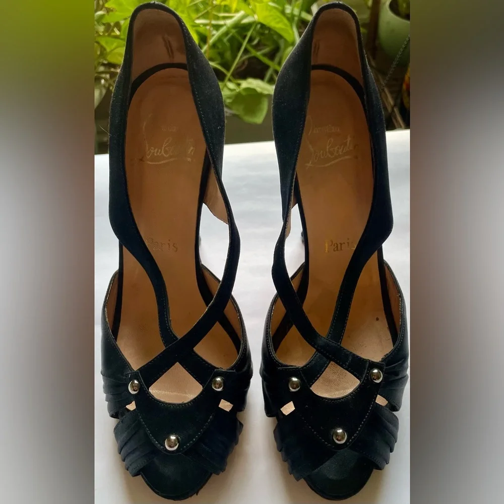 Christian Louboutin Satin Studded Accents T-strap Pumps - Picture 11 of 16